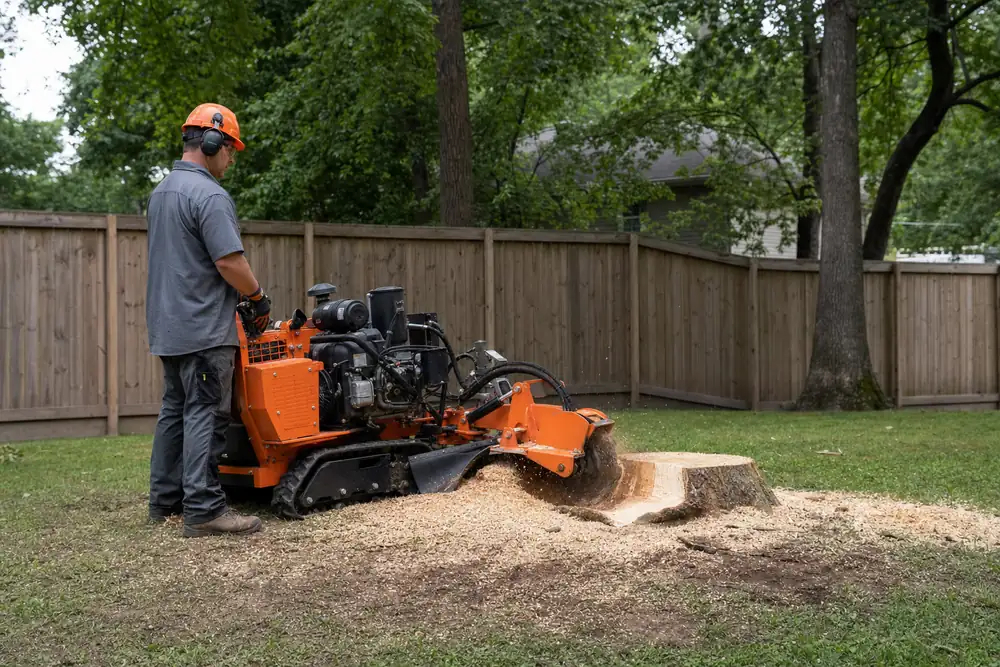 Operator in a hard hat and ear protection running a stump grinder over a stump in a fenced backyard
